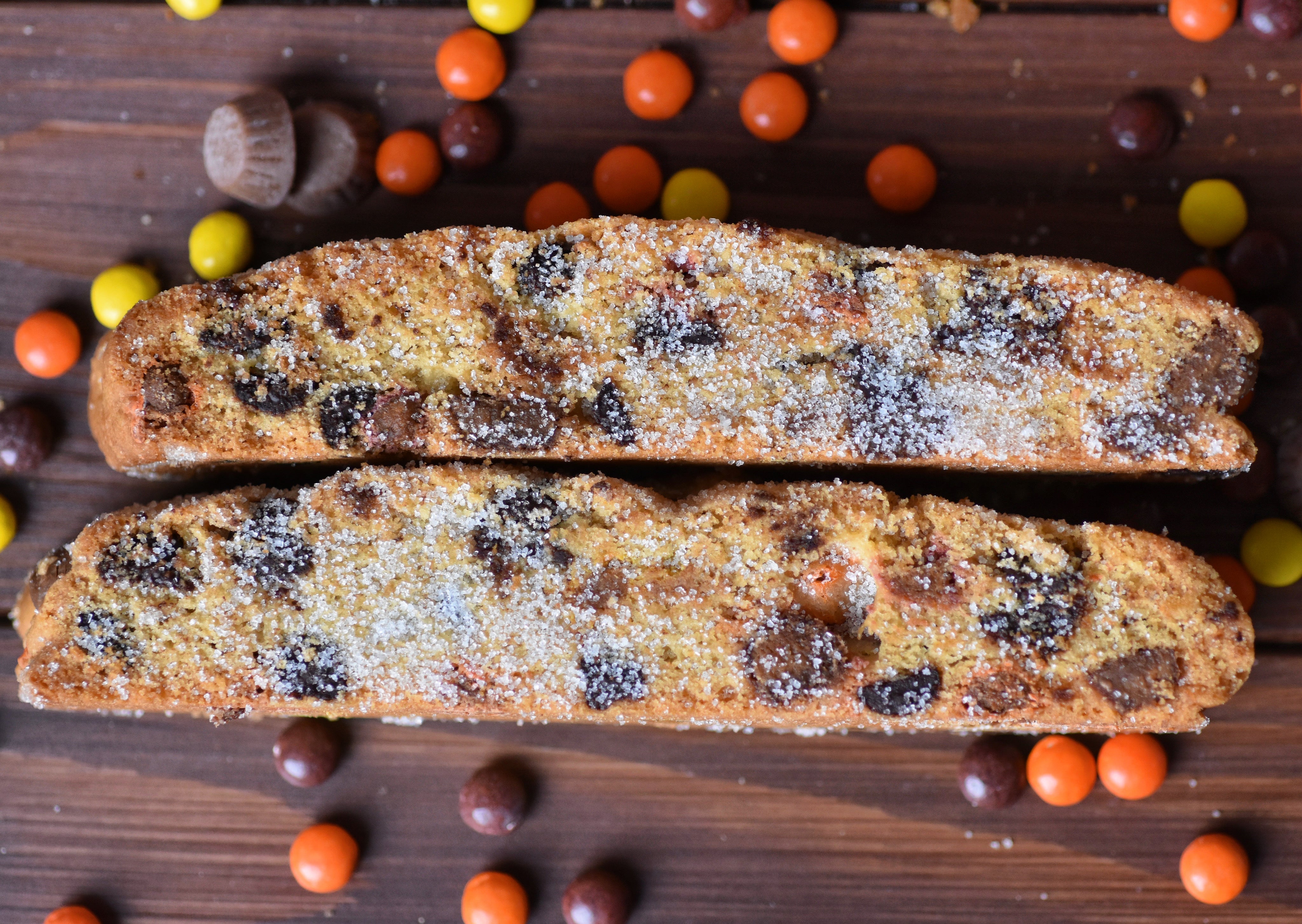 REESE'S PIECES PEANUT BUTTER CUP MANDEL BREAD